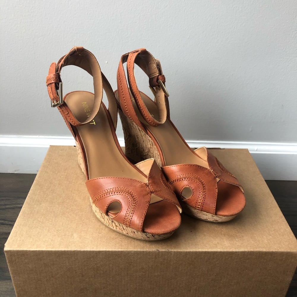 Nine West Brown Cork Wedge Platform Sandals